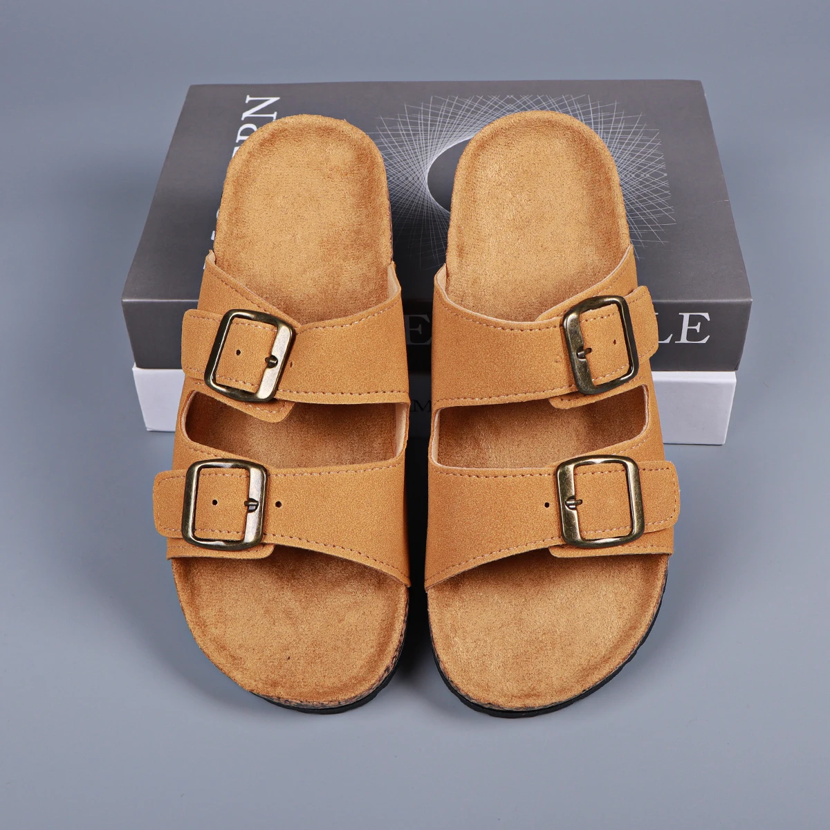 Elegant Women's Summer Shoes Double Buckle Suede Slippers Slides 2.7cm Cork Sole Adjustable Indoor Slides