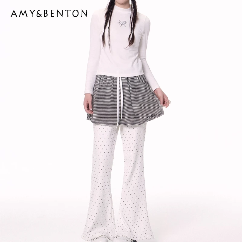 

Vintage Design Striped Splicing Embroidered Fake Two-Piece Women's Wide-Leg Pants Autumn Winter Thick Loose Flared Pants Ladies
