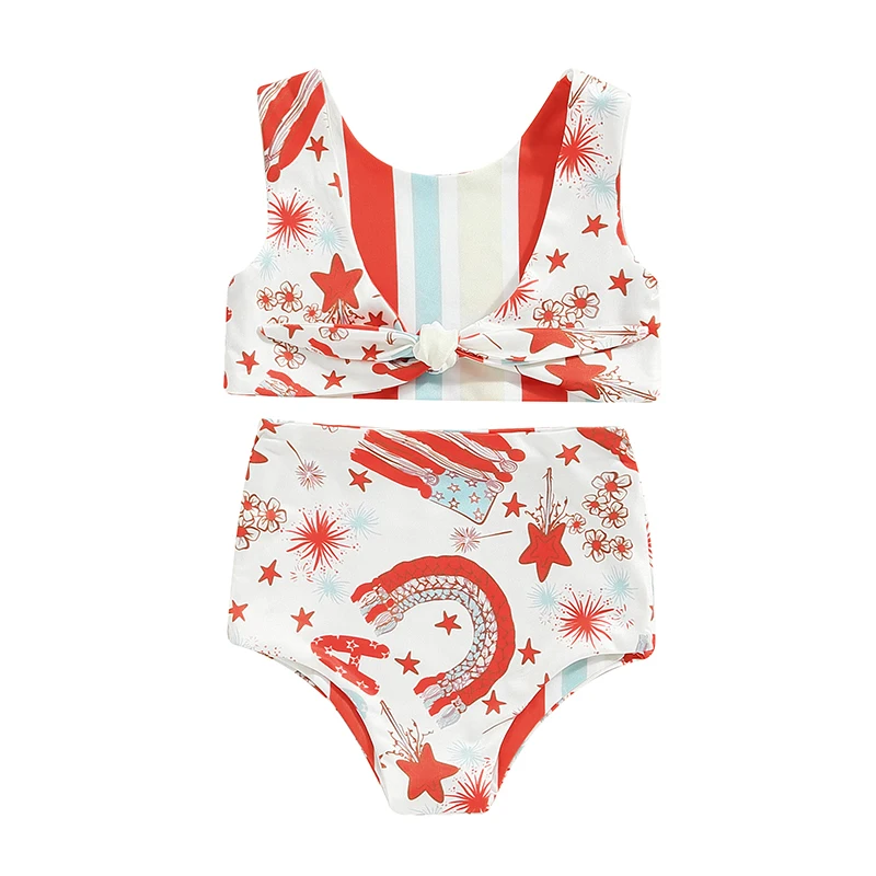 Toddler Girls 4th of July Swimsuit American Flag Reversible Bathing Suit Patriotic Crop Top High Waisted Bikini Set