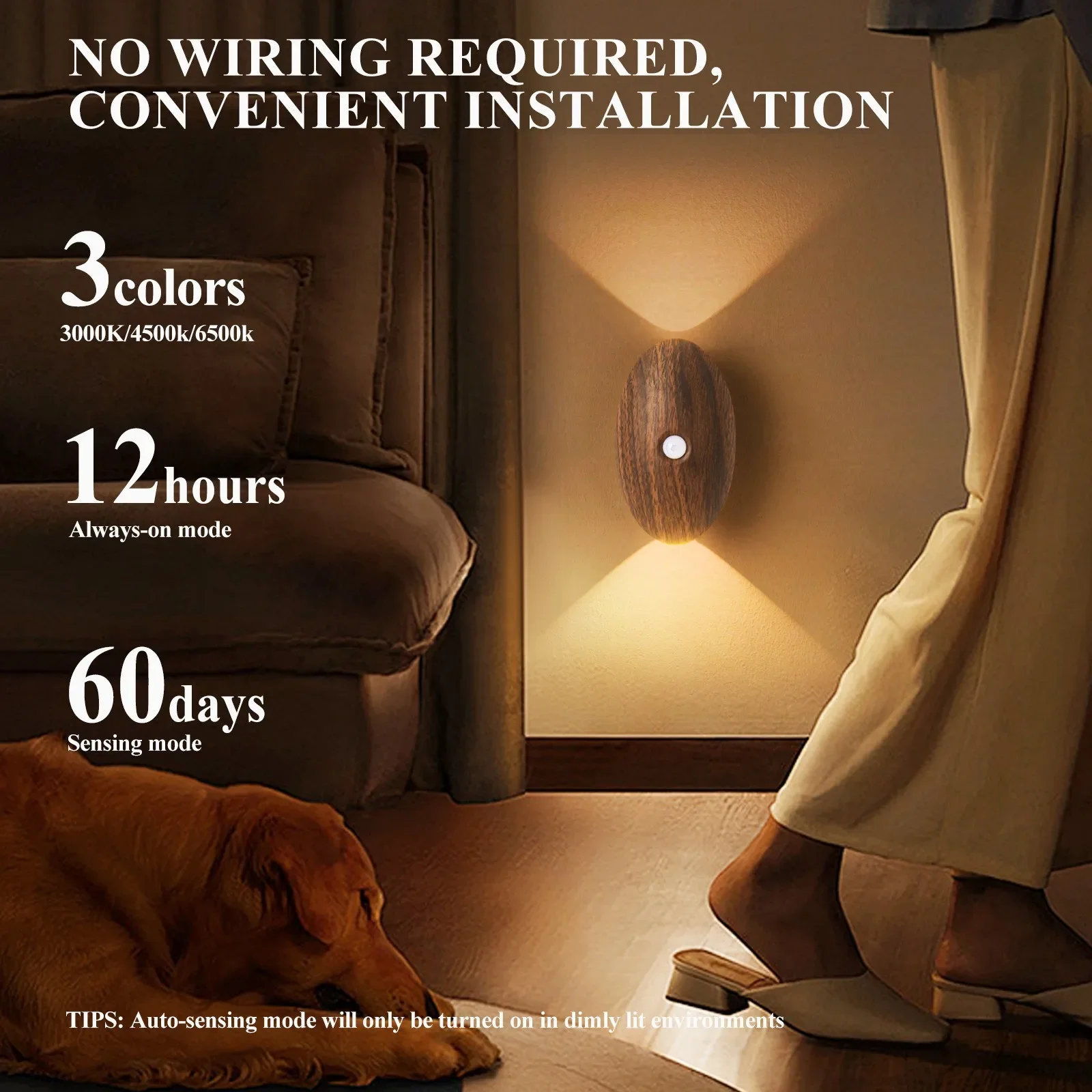 Inductive wall lamp, no wiring required, no drilling needed, bedside ambient light, bedroom night light, staircase wall lamp