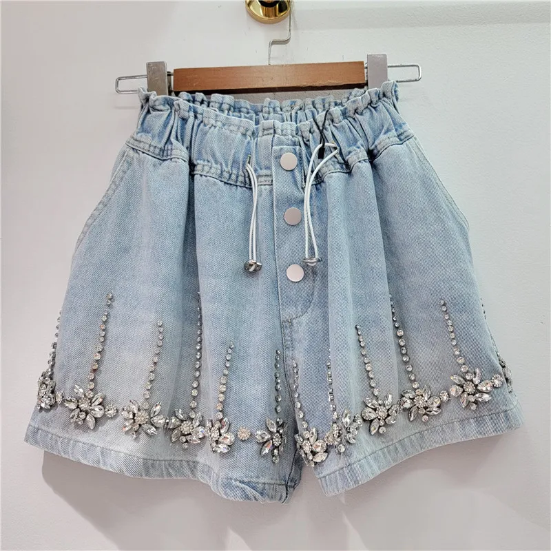 

Rhinestone Embellished Wide Leg Denim Shorts High Waist Drawstring, Light Wash, Sparkly Crystal Floral Detail Casual Shorts
