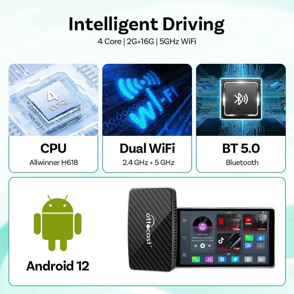 OTTOCAST Play2 Video Pro Wireless Carplay Adapter Android Auto Video Ai Box Eingebauter Youtube Netflix für Auto mit kabelgebundenem Carplay