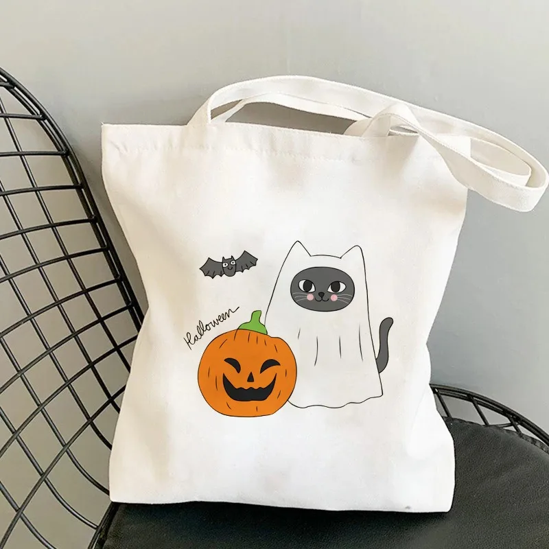 حقيبة كتف قماشية تحت عنوان الهالوين، حقيبة كتف واسعة أنيقة مع أنماط الخفافيش على شكل قرع القط، مثالية للتسوق اليومي
