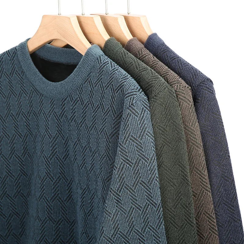 Winter Men's Velvet Padded Sweater Base Half Turtleneck Thickened Sweater round Neck Warm Loose Casual Bottoming Shirt Men