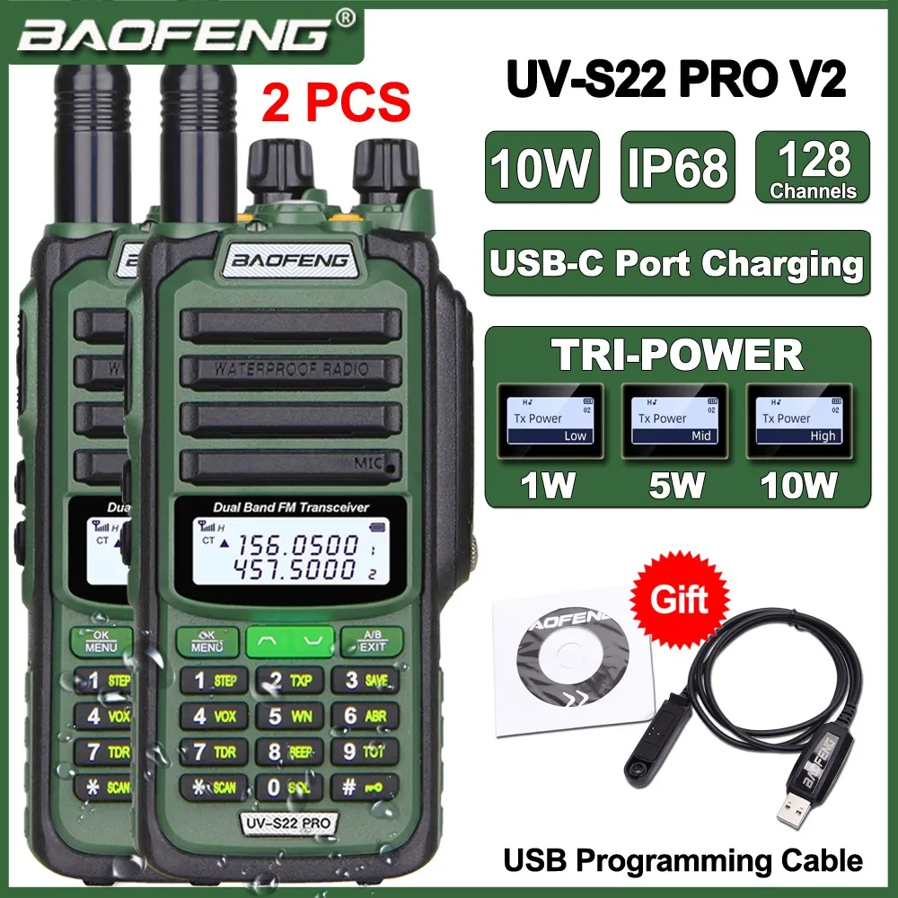 Walkie-talkie 2,Baofeng-UV-S22 pro v2,防水,真の10W,USB Type-c充電器,強力なuhf VHFラジオ,長距離,2個