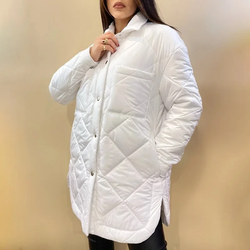 Lugentolo-abrigos y chaquetas de invierno para mujer, chaqueta acolchada con solapa, longitud media, a cuadros de diamantes, con botonadura única