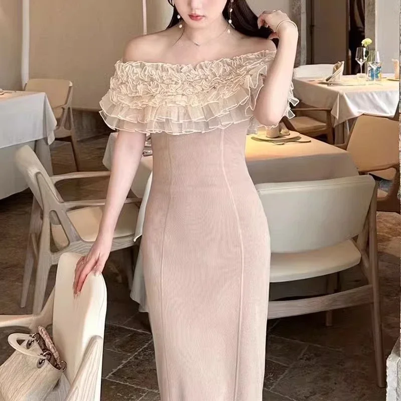 

High Waist Contrast Vestido Ruffles Slash Neck Vestidos Mujer Dresses Bodycon Dress Women 2024 New Japan Style Elegant Robes