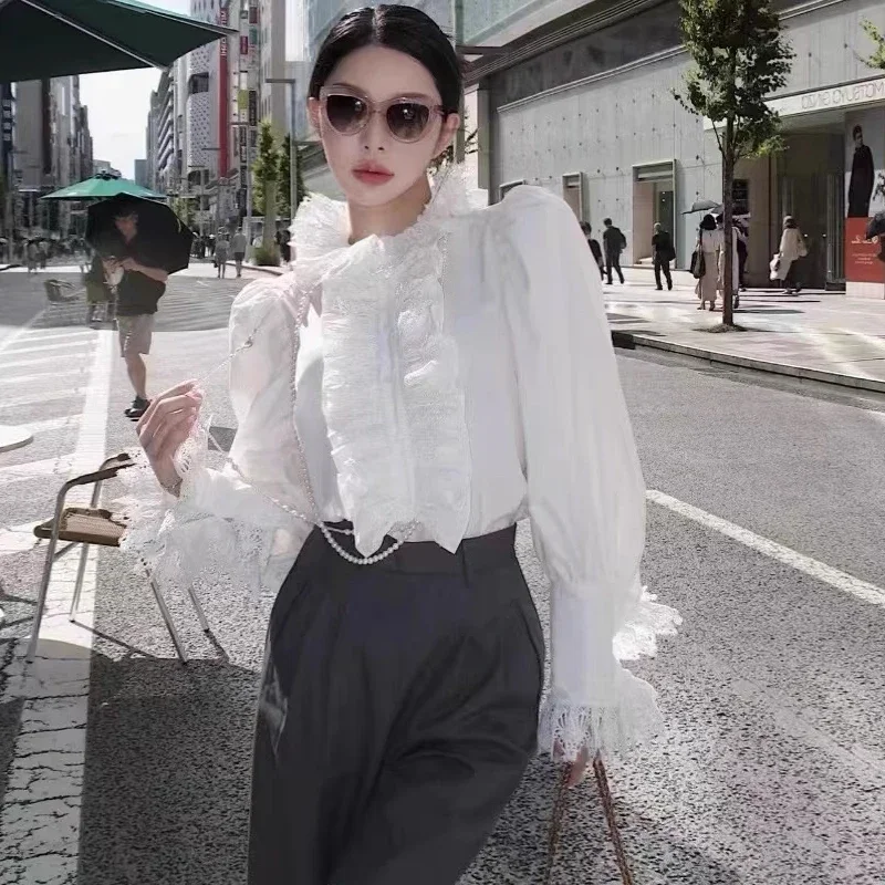 

Vintage Flare Sleeve Ruffled Lace Shirt Women Fashion Loose Vintage Blouse Women Tops Elegant Design Sweet Pleated Shirts 30451