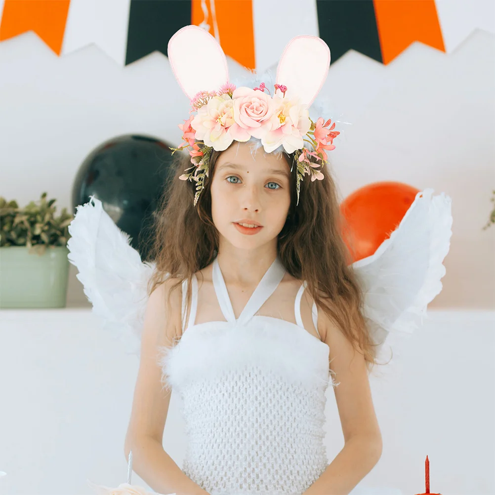 

2 шт., повязка на голову с заячьими ушками, цветочная корона с реалистичной цветочной сеткой для детей, пасхальная вечеринка, свадебный реквизит для фотосессии, весенний костюм феи