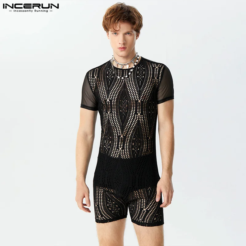 INCERUN 2024 American Style Men\'s O-neck Rompers Fashion See-through Lace Patchwork Jumpsuits Sexy Short Sleeved Bodysuits S-3XL