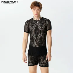 INCERUN 2024 American Style Men's O-neck Rompers Fashion See-through Lace Patchwork Jumpsuits Sexy Short Sleeved Bodysuits S-3XL