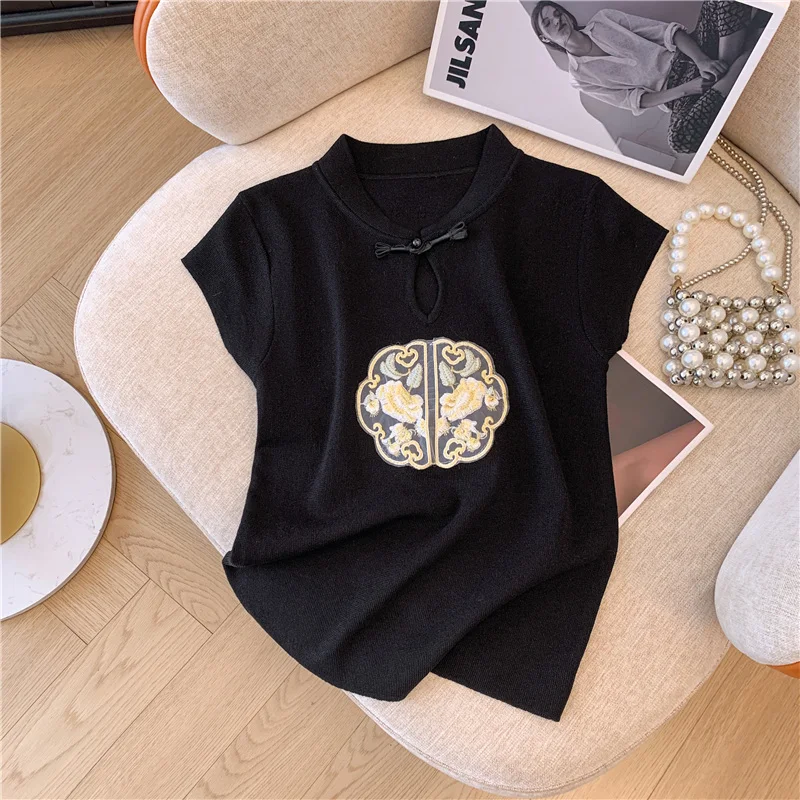 

Miiiix New Chinese Fashion Knitted T-shirt 2024 Women's Summer Design Feeling Flying Sleeves Bottom Top Female Clothing