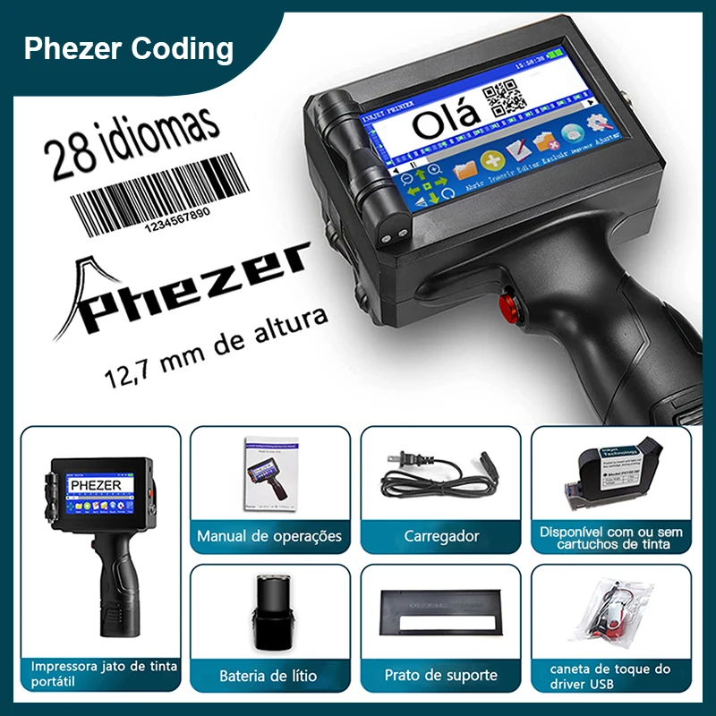 Phezer-Impressora a jato de tinta portátil, Impressora de etiquetas, QR Bar Batch Code, Data, Número, Logotipo, Data de validade, 12.7mm, 28 Idiomas