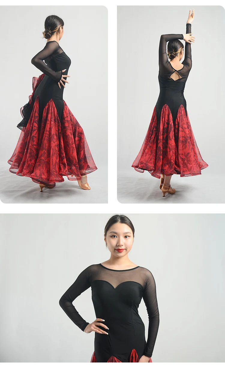 Modern dance ballroom dance Dress round collar big hem flowers printed chiffon slim fit fishbone hem large swing dress W22031