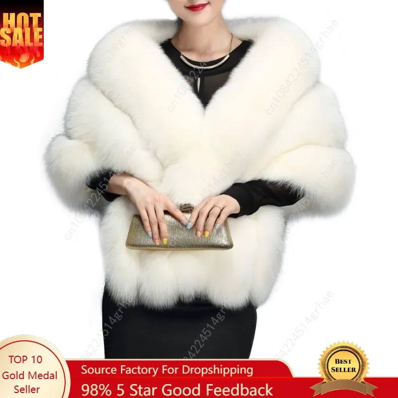 

UMREN Women's Luxury Party Faux Fox Fur Long Shawl Cloak Cape for Winter