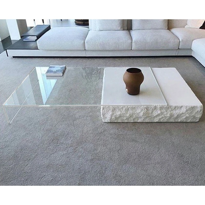 

Minimalist limestone ultra-white glass low coffee table is now retractable square glass coffee table atmosphere photo