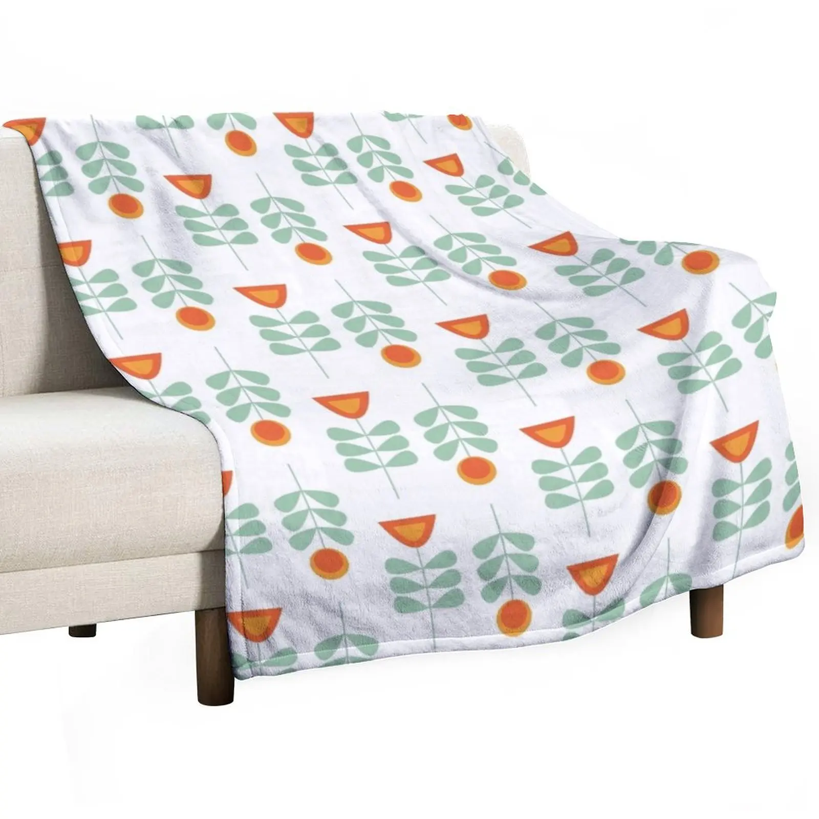 Scandi Garden 3: Minimalist Retro Mid-Century Modern Flowers in Celadon, Orange, and White Throw Blanket decorative Blankets