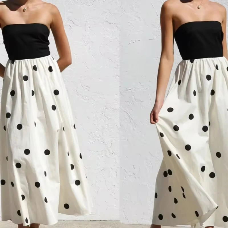 New Style Polka Dot Print Splicing Chest Wrapping Temperament A Pendant Long Dress