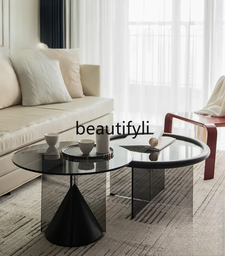 

Living room round minimalist light luxury tempered glass surface combination coffee table