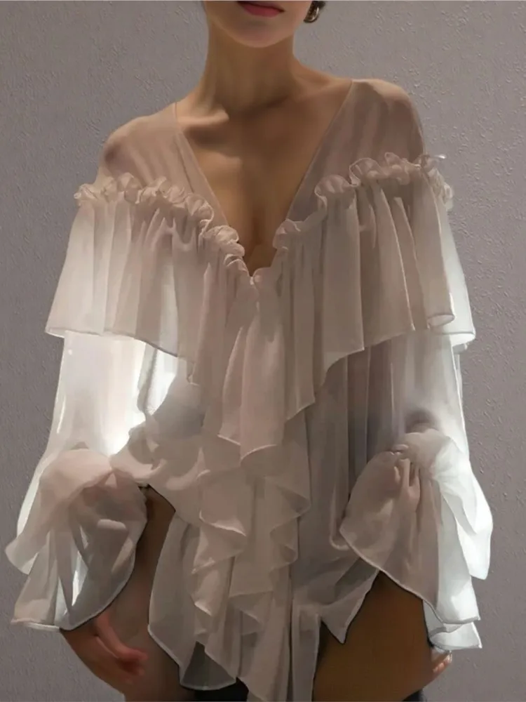 

Sexy See-through V-neck Long Sleeve Chiffon Top New Beach Party Shirt Women's Low Cut Shirt Ruffle Solid Color Tops