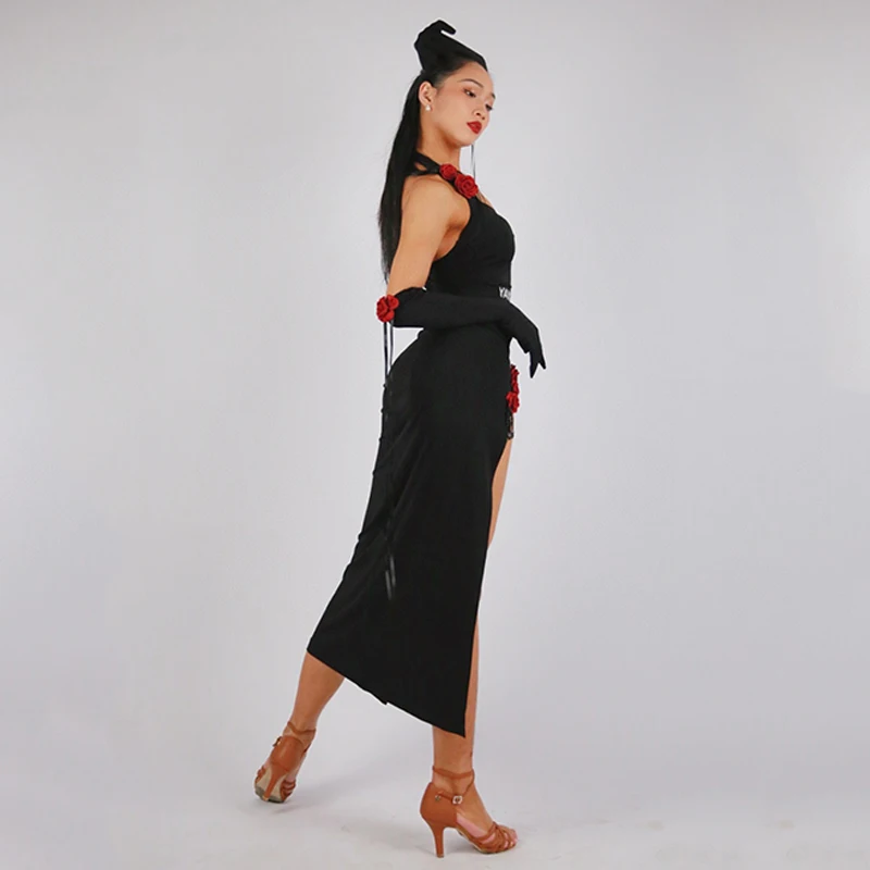 Latin Dance Clothes Women Rose Black Tops Slit Skirt Rumba Salsa Tango Performance Costume Adult Latin Competition Dress NV19043