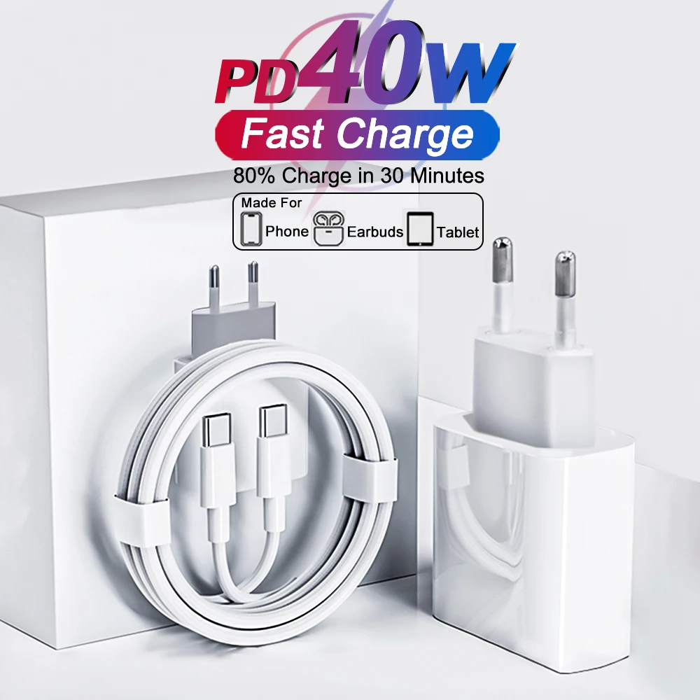 PD 40W Fast Charger For iPhone 15 14 11 12 13 17 16 Pro Max Air 7 8 Plus USB C Type C Charging Cable