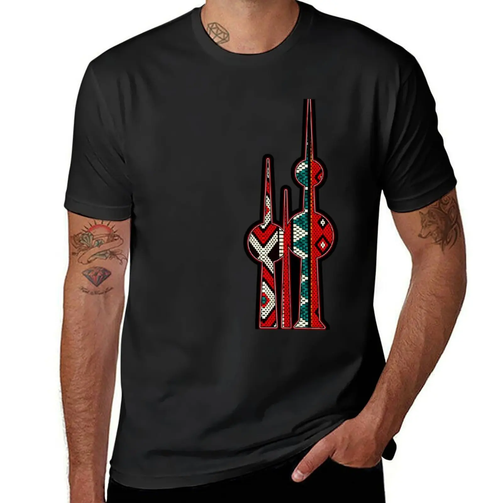 Kuwait Towers Icon Made Of A Beautiful Traditional Style Vintage Sadu Weaving Pattern T-Shirt anime t shirt for men