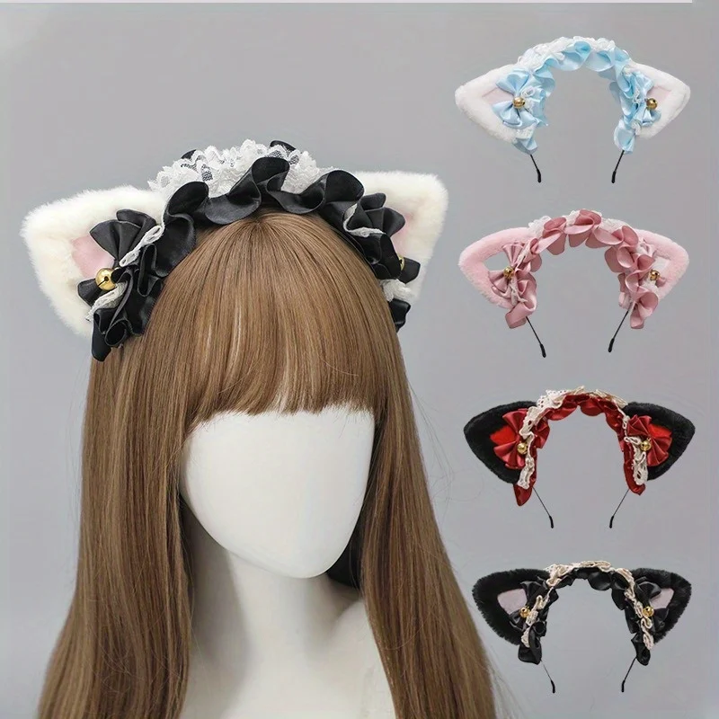 عصابة رأس من الدانتيل على شكل أذن القطة - إكسسوار شعر Fluf fy Lolita، غطاء رأس كوسبلاي لخادمة Kawa-ii Neko، طراز الأرستقراطي القوطي Fau-x Fur