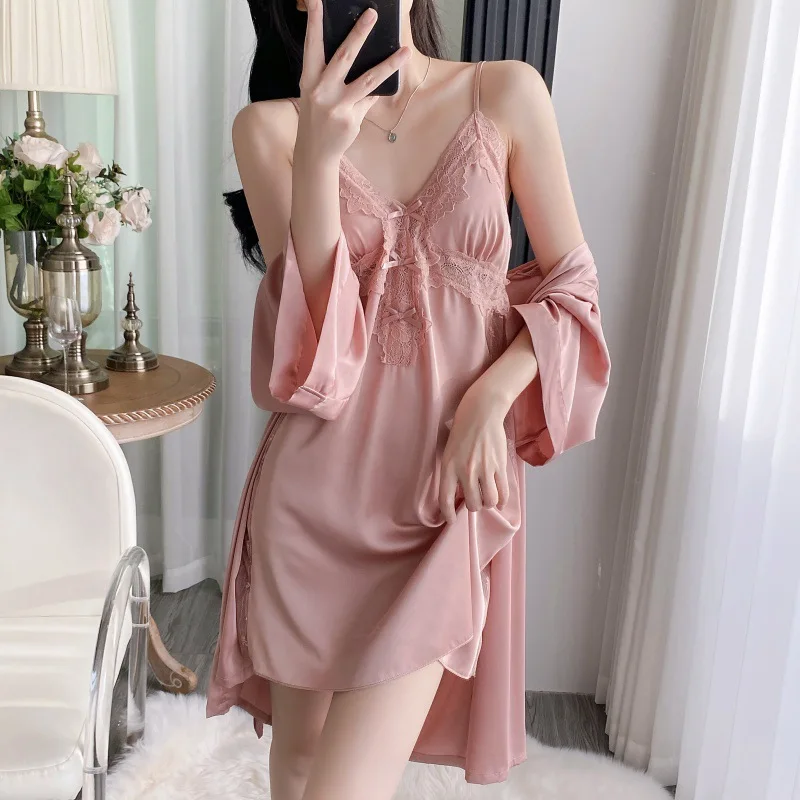 

Femalel Twinset Robe Set Kimono Bathrobe Gown Sexy Lace Patchwork Suspender Nightgown Summer Sleepwear Home Dress