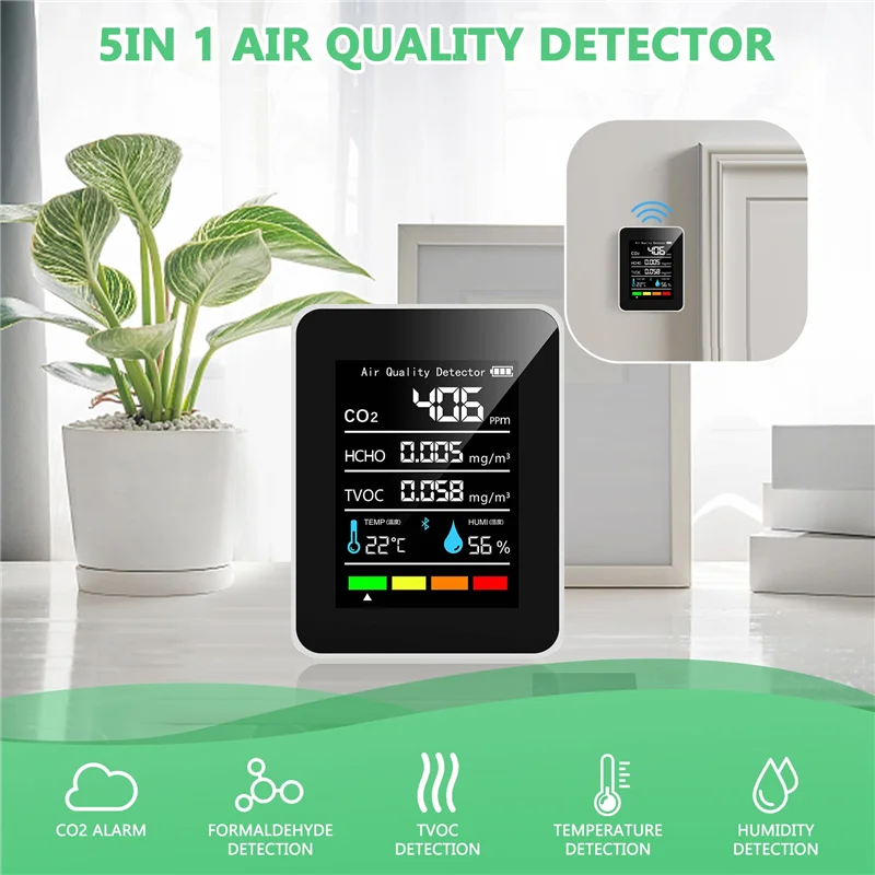 5 In1 CO2 Meter Digital Temperature Humidity Tester Carbon Dioxide  Air Quality Monitor TVOC HCHO Analyzer