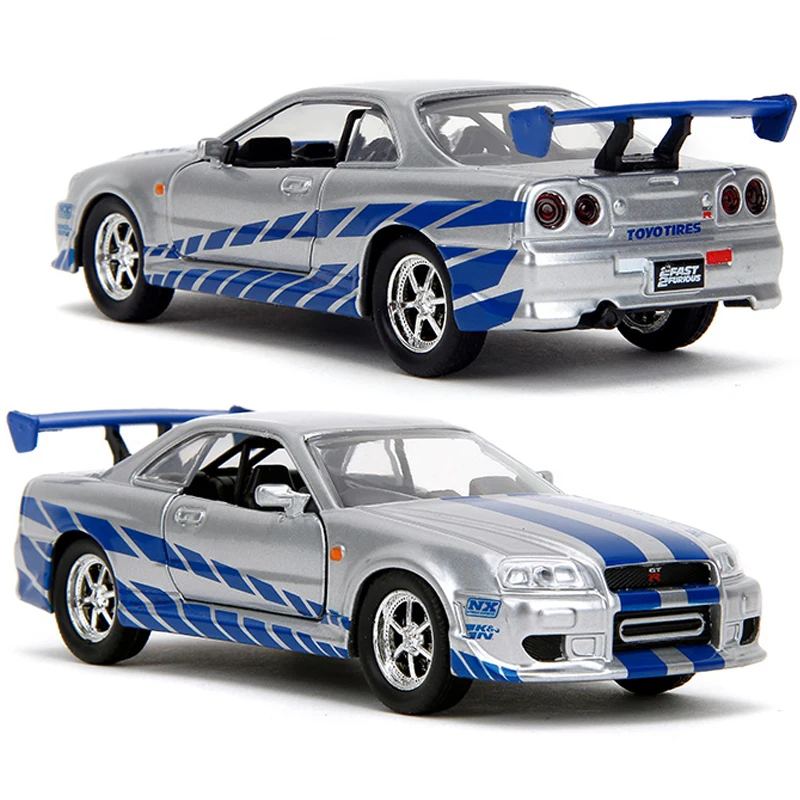 JADA 1:32 Die-cast Cars 2002 Nissan Skyline GT-R R34 Silver – Free Rolling – Model Vehicles & Cars Models Collection JD97184