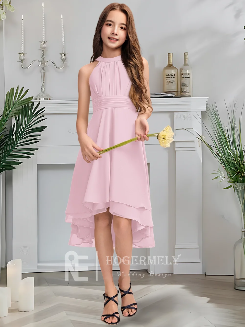 B エレガントな A ライン ホルター非対称シフォン ジュニア ブライズメイド ドレス プリーツ ロイヤル ブルー フラワー ガール ドレス 夏のパーティー用