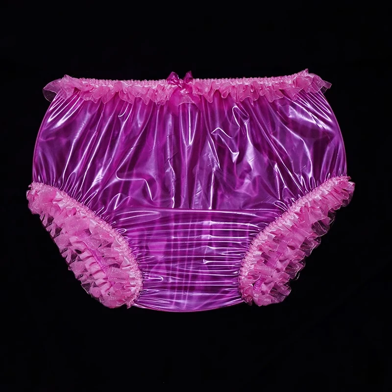 Pink PVC Transparent Lace High Waist Briefs ABDL Soft Plastic Smooth Silent Panties Waterproof Diaper Underpants Couple Pants