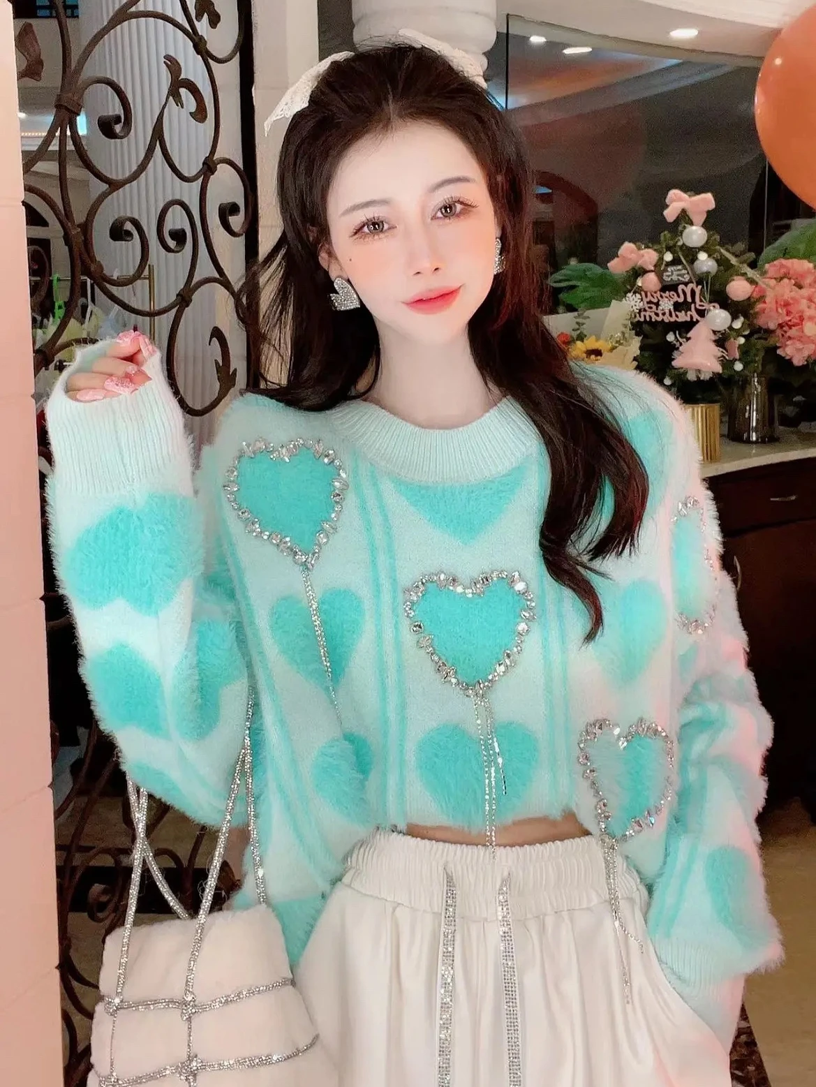 

Heavy Work Hot Drilling Sweater Women Autumn Winter Round Collar Long Sleeve Love Heart Pttern Loose Knit Pullover Top q24