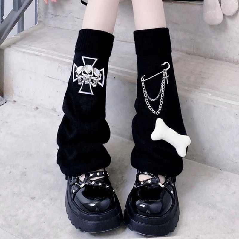 

Harajuku Punk Striped Knitted Leg Warmers Japanese Women Gothic Skull Crosses Long Socks Leggings Boot Cuffs Foot Covers