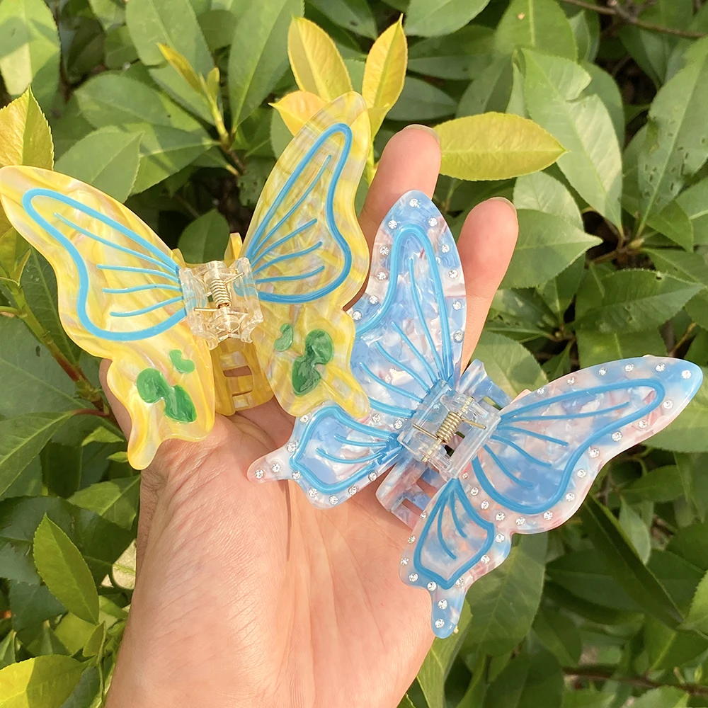 Colorful 3D Rhinestone Butterfly Hair Claw Clip For Women Girls New Luxury Acetate Ponytail Hairpin Hair Accessories Tool Gifts
