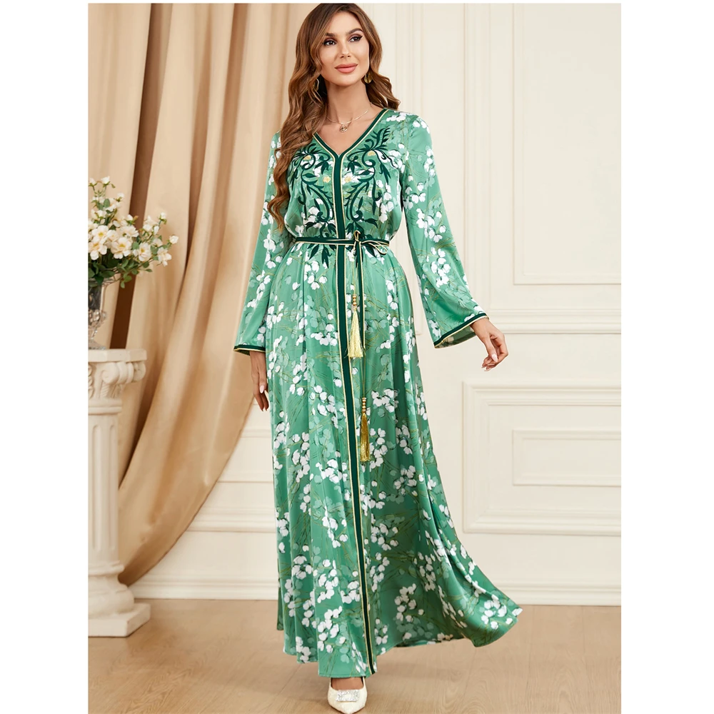 Vestido islámico árabe con bordado Floral para mujer, traje musulmán con cinturón para fiesta de noche, Ramadán, Jalabiya, Abaya