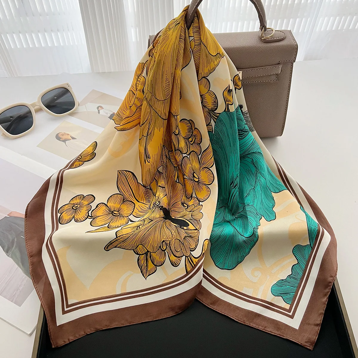 New Flower Fashion Decoration neckerchief Spring/Summer Square Scarf for Women Soft Satin Printed Travel Headband Shawl