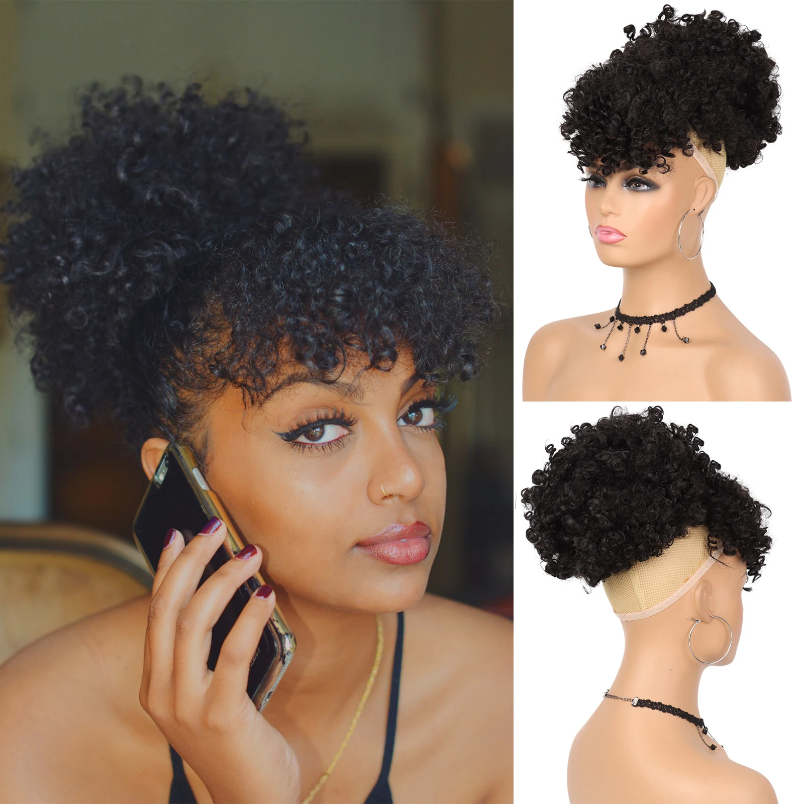 Synthetic Wig Ponytail Extensions Afro High Puff Hair Bun Drawstring With Bangs Short Kinky Curly Clip for Black Women Daily