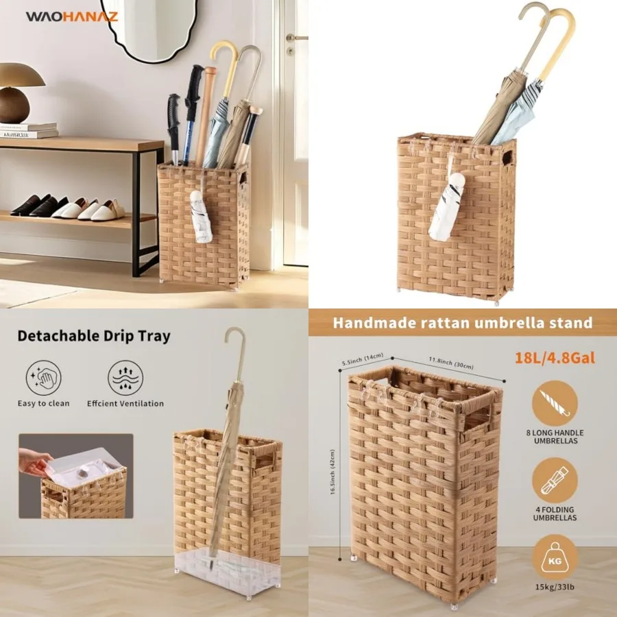 

Rattan Umbrella Stand, Umbrella Holder for Entryway, Hand Woven Umbrella Rack Organizer Freestanding, with a Detachable Drip Tr