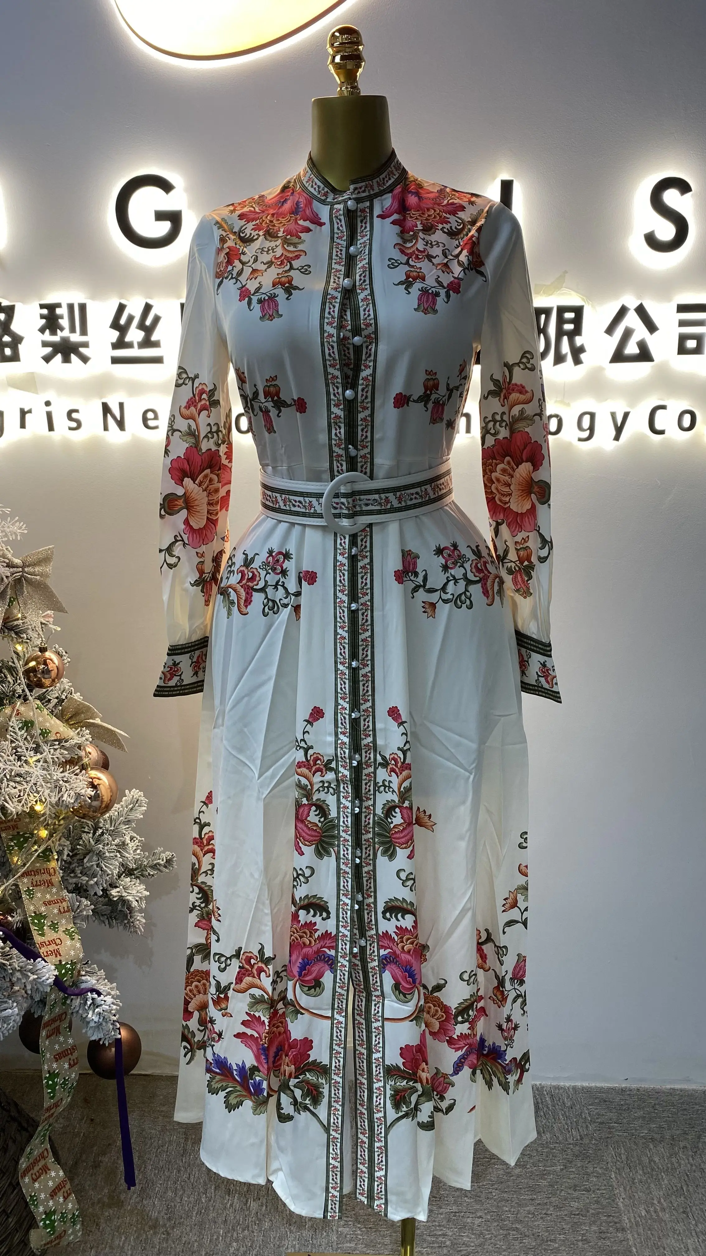 

Small vintage lantern long sleeves single breasted printed dress women waist elegant dress ladies dress-GZMM465