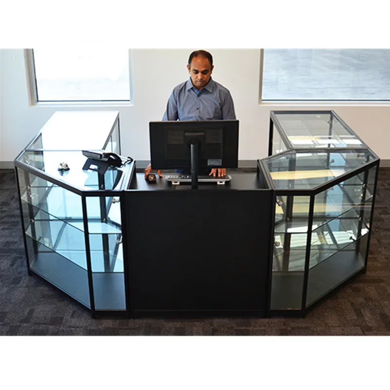 

custom.Full Retail Convenience Store Glass Display Showcase Lockable Cash Desk Checkout Counter with Led Light