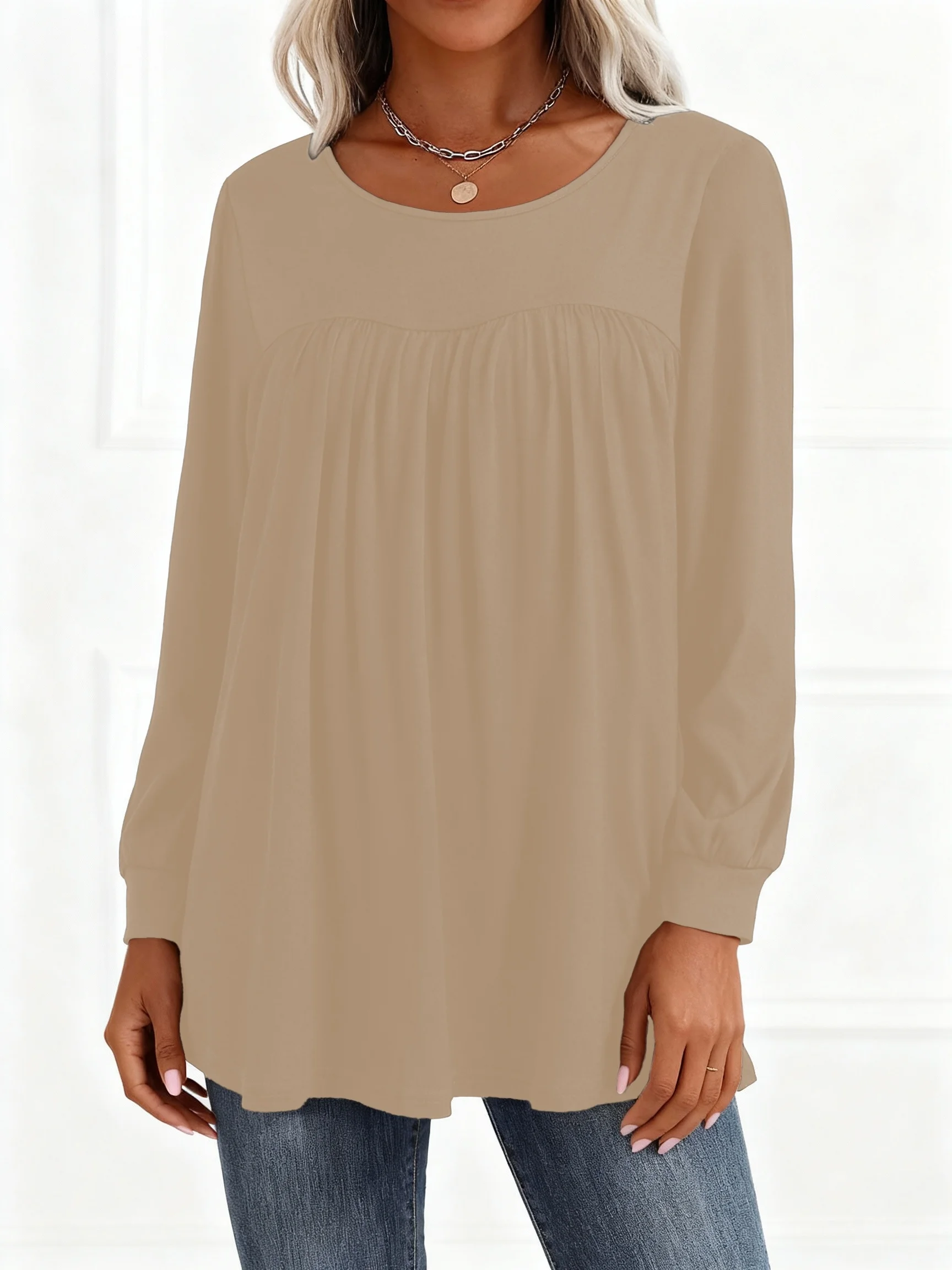 Plus Size Damen Langarm-Plissee-Oberteil für Stilvollen Komfort – Detail 15