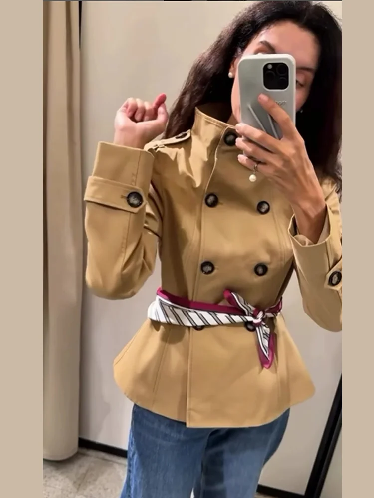 

Casual Double-breasted Women's Jacket With Printed Scarf Fashion Stand Collar Long Sleeve Female Windbreaker Lady Outerwears
