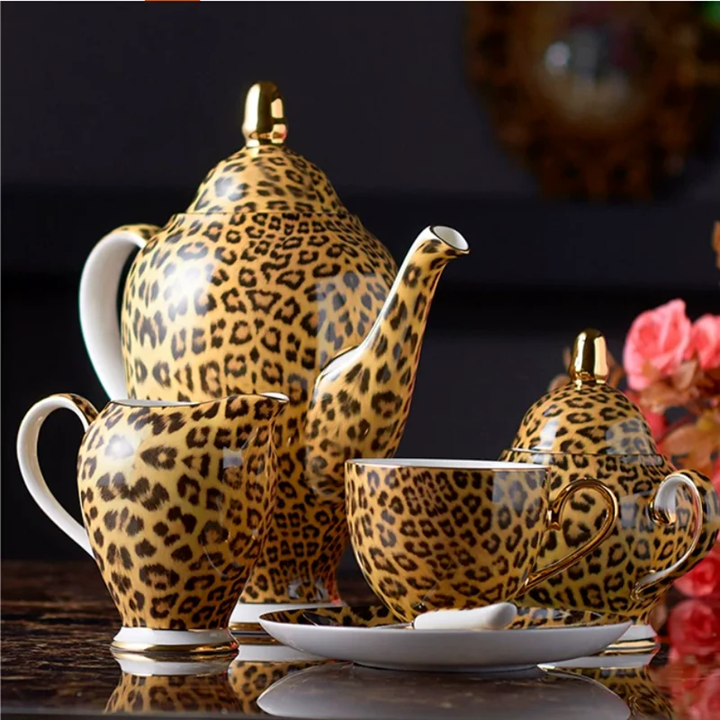 European Leopard Print Ceramic Coffee Cup and Plate, Light Luxury Retro Tea Pot, Coffee Pot, Home Afternoon Tea Beverage Cup