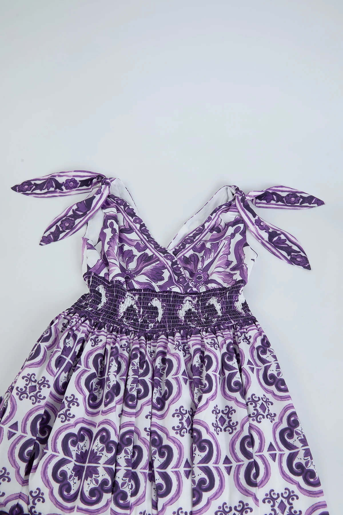 Fashion Runway Summer Floral Maxi Dress Women Straps Bow Purple Blue White Porcelain Print Elastic Waist Holiday Beach Dresses