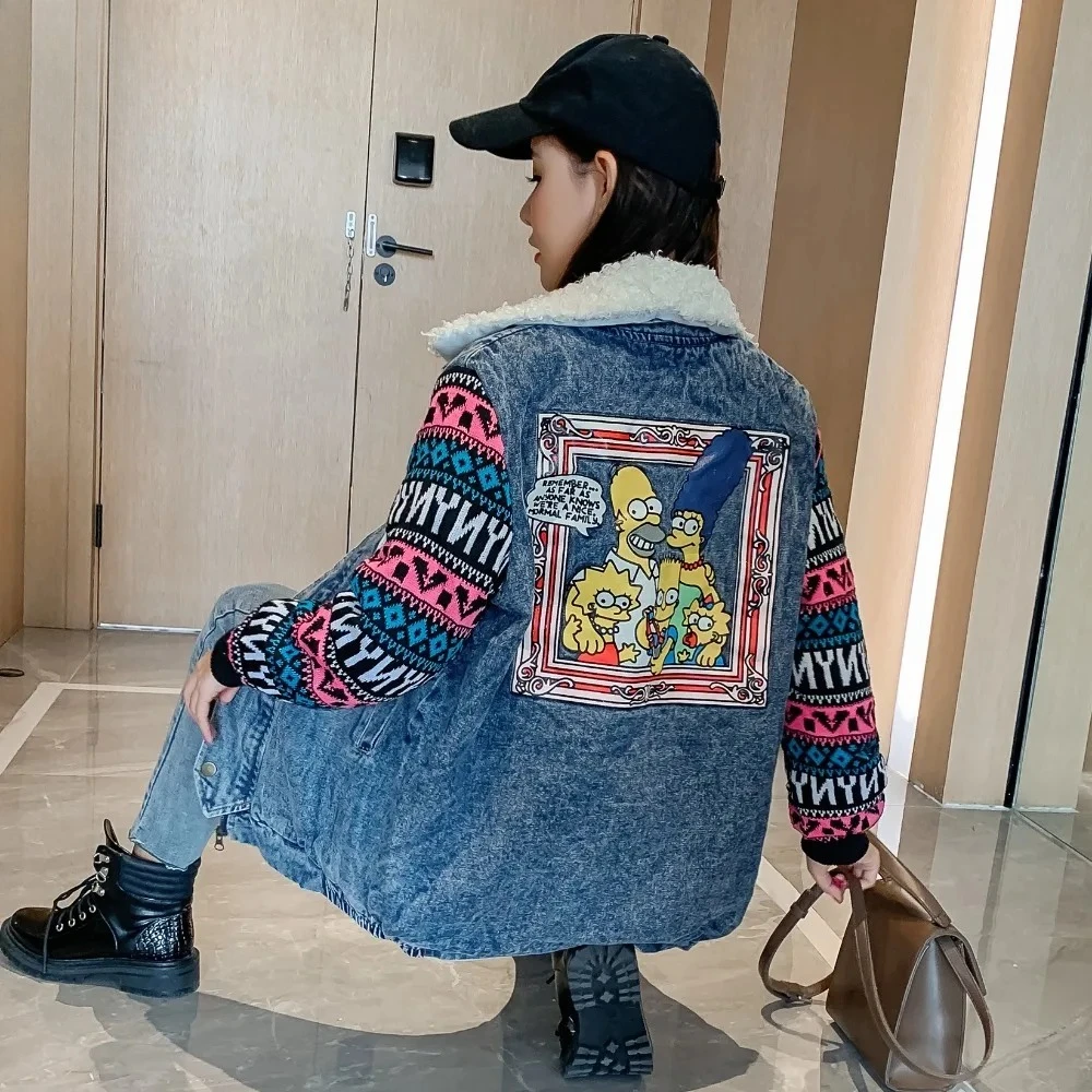 

Real Autumn and Winter Ethnic Style Lamb Wool Long-sleeved Splicing Simpson Long-sleeved Denim Jacket Cotton Clothes