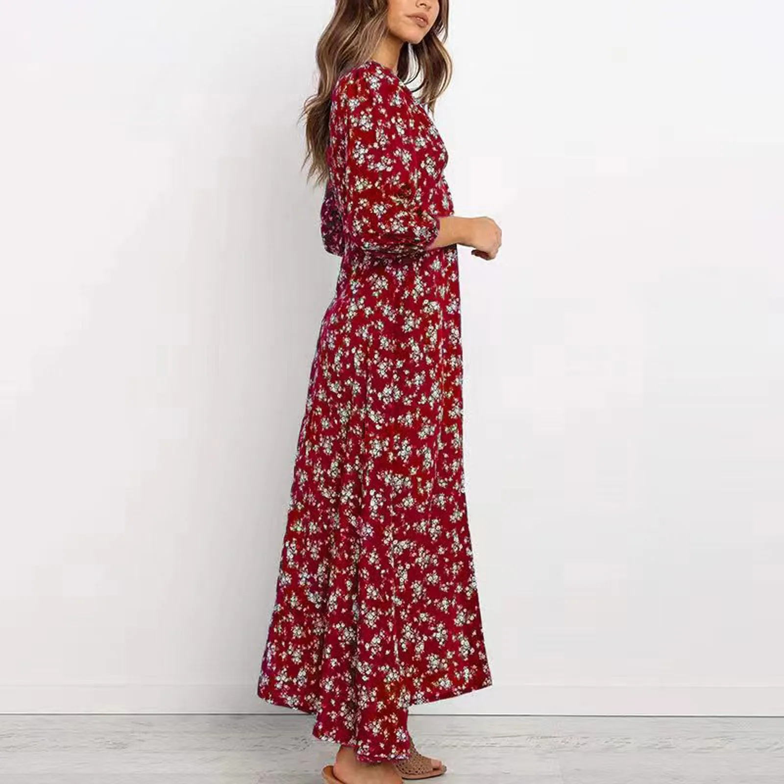 Women Dress Bohemian Beach Maxi Spring Casual V-neck Long Sleeve Dresses Female Vintage Floral Print Longuette Elegant Dress