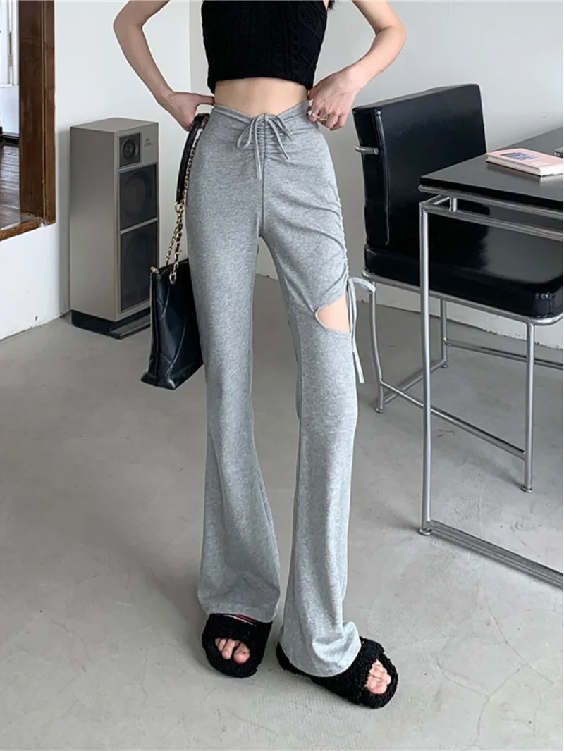 

Grey pants for fashionable women's clothing design sense of niche. Summer drawstring micro flared pants for casual wear BNLR