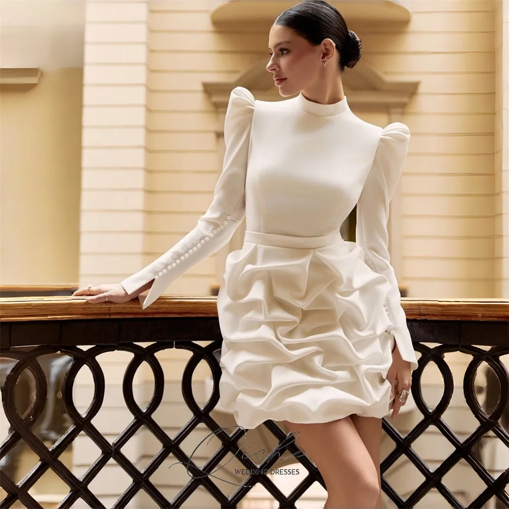 

QICHE Modern Short Sheath Wedding Dress Women 2026 Pleat Long Sleeves High Collar Beading Illusion Back Party Gown Customized